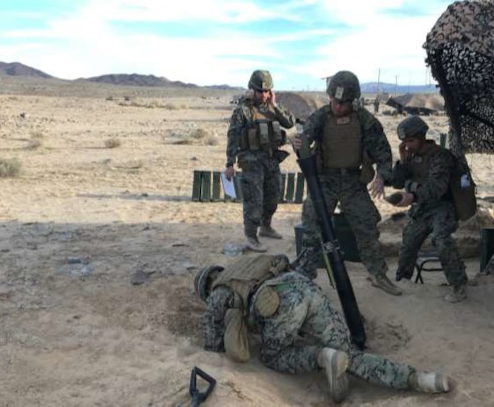 The U.S. Marines of Weapons Company, 1st Battalion, 4th Marines, 1st Marine Division (Rein), conducts an 81mm mortar firing exercise at Integrated Training Exercise, Twenty-Nine Palms, California, Jan. 30,2020.
