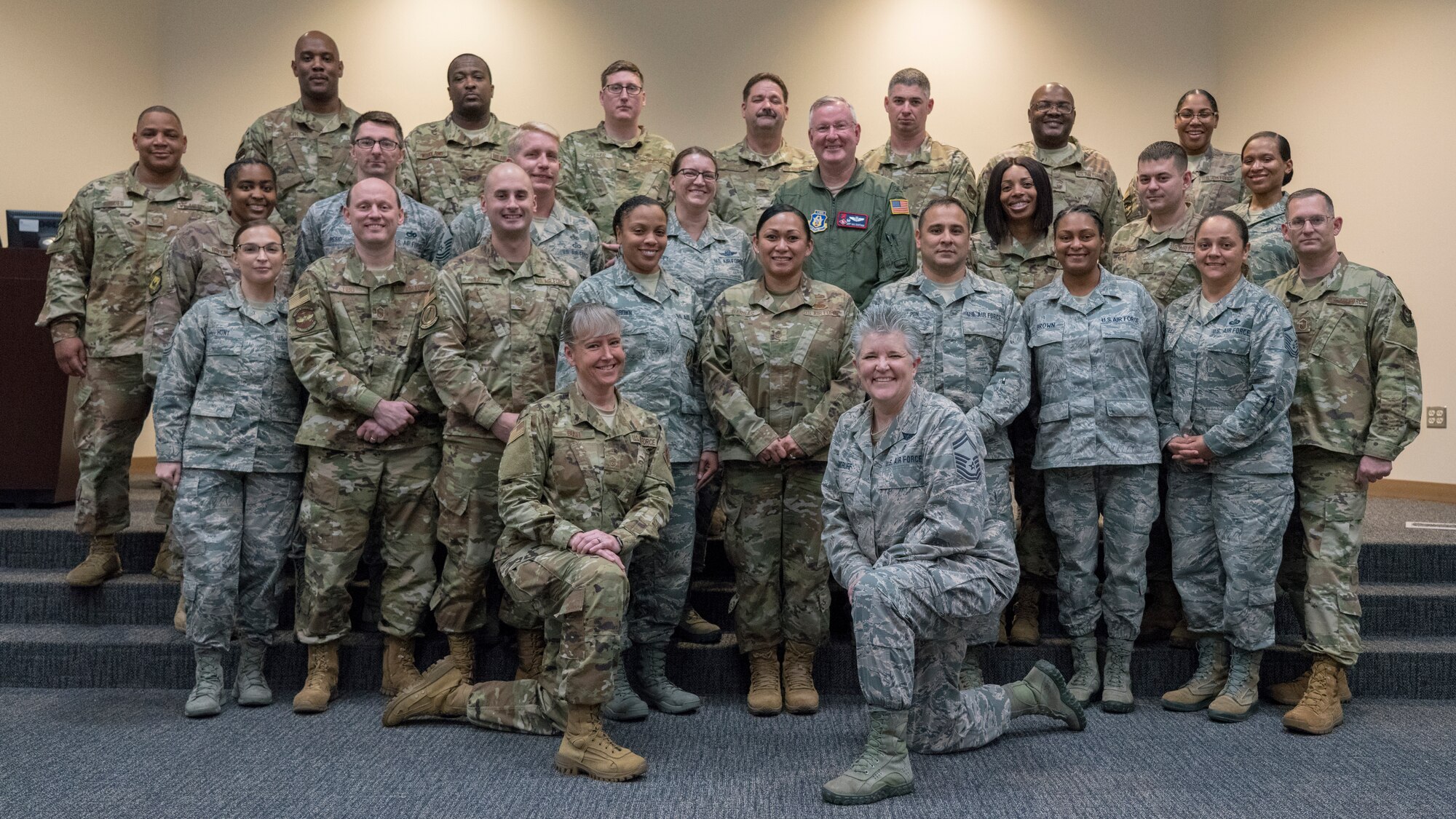 403rd Wing leadership and Senior Noncommissioned Leadership Course participants and facilitators pose for a class photo Feb. 12 at Keesler Air Force Base, Miss. The SNCOLC is designed to teach senior enlisted personnel with leadership and management training needed to perform their roles effectively as tactical leaders. The course focuses on SNCO core competencies such as employing military capabilities, individual readiness, managing organizations and resources, strategic thinking, leading Airmen, effective communication and embodying Airman culture. (U.S. Air Force photo by Tech. Sgt. Christopher Carranza)