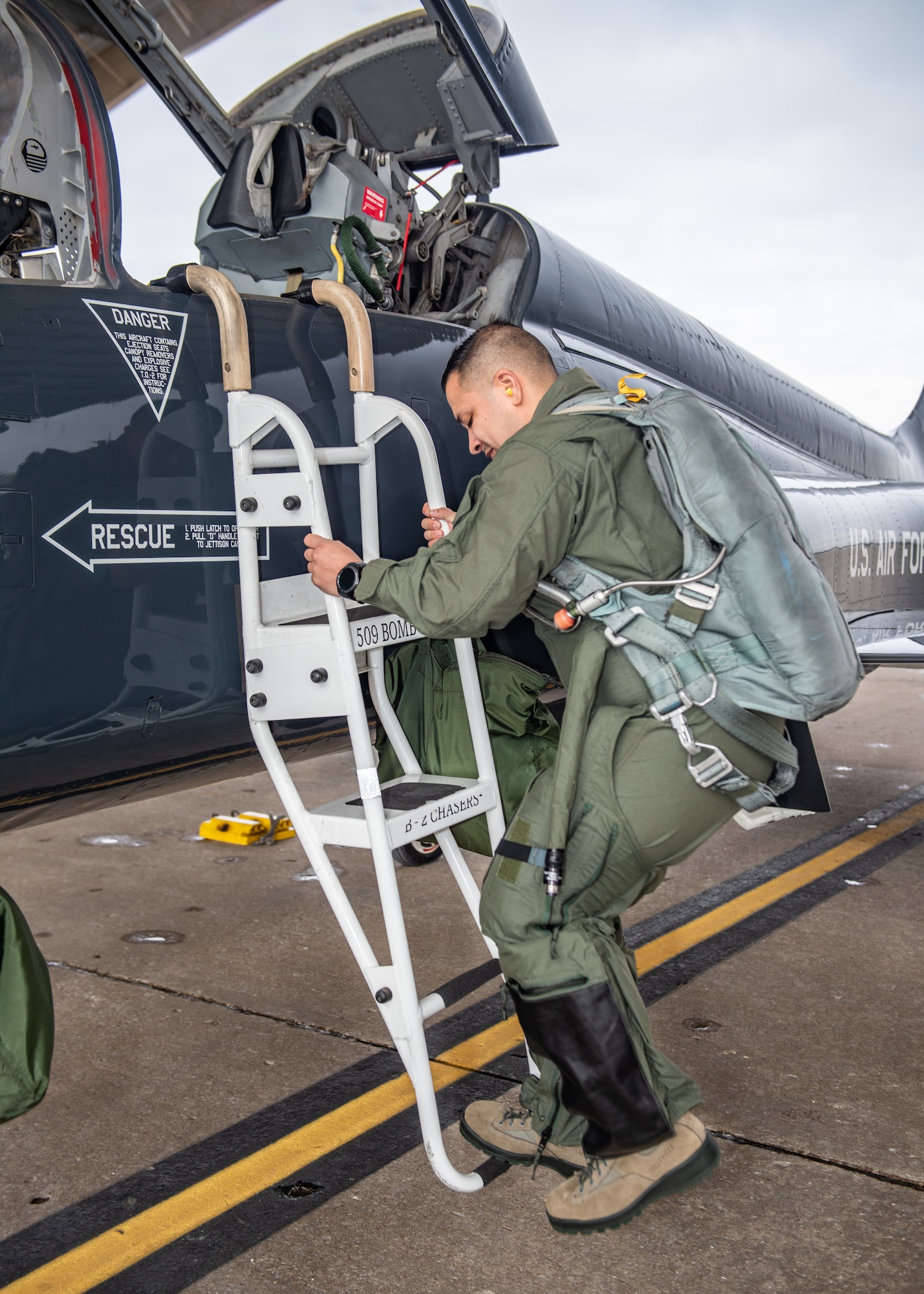 Senior Airman Juan Maese receives incentive an incentive ride in a T-38 Talon.