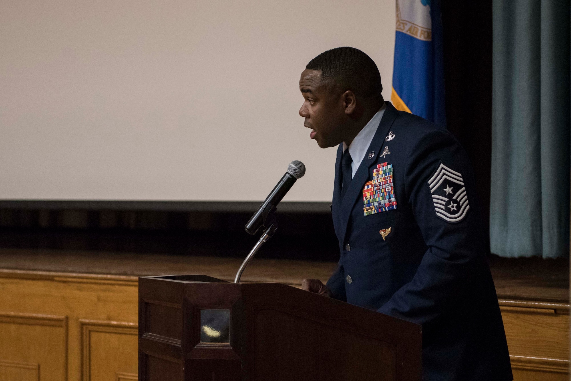 Chief Master Sgt. Robert L. Zackery III, 47th Flying Training Wing command chief master sergeant, gives his advice to 18 Tactical Air Control Party (TACP) candidates preparing to graduate at Joint Base San Antonio-Lackland, Texas, Dec. 13, 2019. The Special Warfare Training Wing graduates Combat Control, Special Reconnaissance, Pararescue and TACP Airmen – whose mission is to conduct global combat operations in contested, denied, and austere areas under any environmental conditions.(U.S. Air Force photo by Senior Airman Marco A. Gomez)