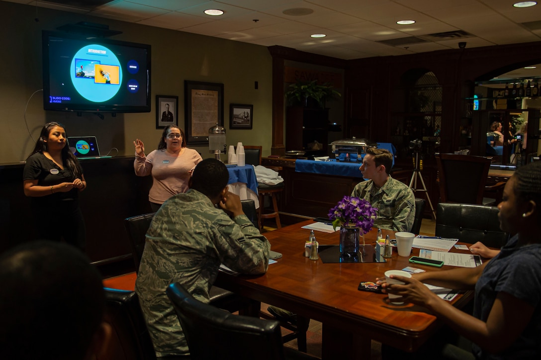 Photo of a 23d FSS member discussing upcoming events during a focus.