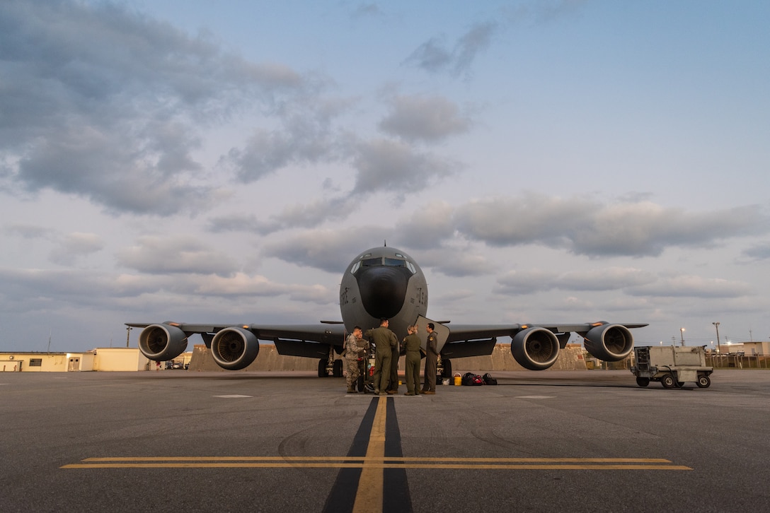 A KC-135 Stratotanker assigned to the 909th Air Refueling Squadron sits on the taxiway during exercise WestPac Rumrunner Jan. 10, 2020, at Kadena Air Base, Japan. The exercise brought Airmen and joint partners together to train and execute innovative ways to deploy forces in a contested environment. (U.S. Air Force photo by Senior Airman Cynthia Belío)