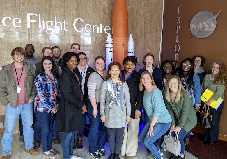 Students of Huntsville Center’s Leadership Development Program I course gather for a photo at the NASA Marshall Space Flight Center main building during a team-building trip to Redstone Arsenal, Alabama, Jan. 31, 2020.