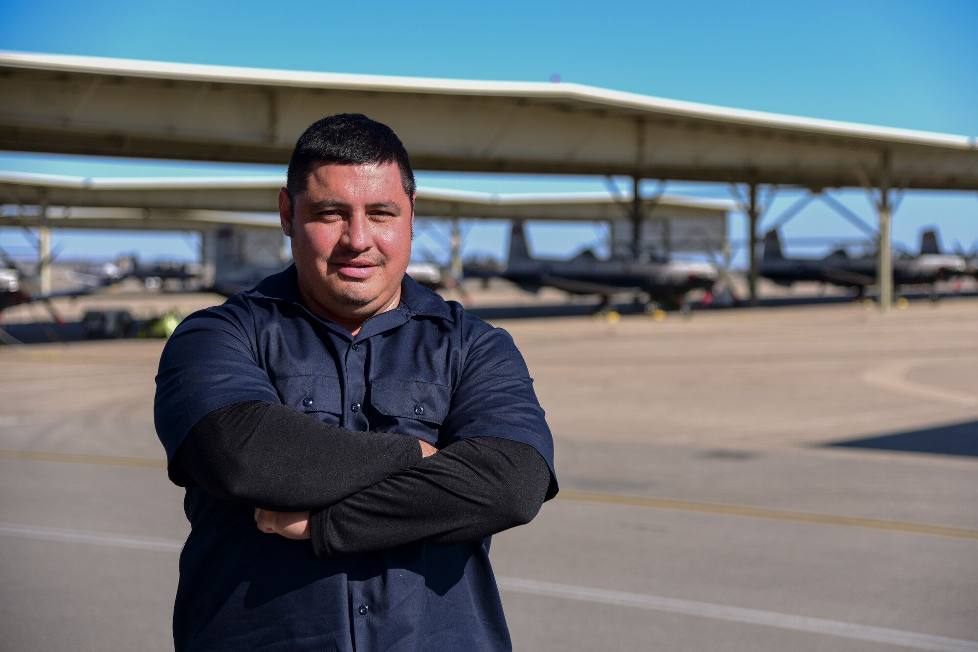 Rene Martinez, a 47th Maintenance Squadron aircraft mechanic, was chosen by wing leadership to be the “XLer” of the Week, Feb. 3, 2020, at Laughlin Air Force Base, Texas. The “XLer” award, presented by Col. Lee Gentile, 47th Flying Training Wing commander, and Chief Master Sgt. Robert L. Zackery III, 47th FTW command chief master sergeant, is given to those who consistently make outstanding contributions to their unit and the Laughlin mission. (U.S. Air Force photo by Senior Airman Anne McCready)