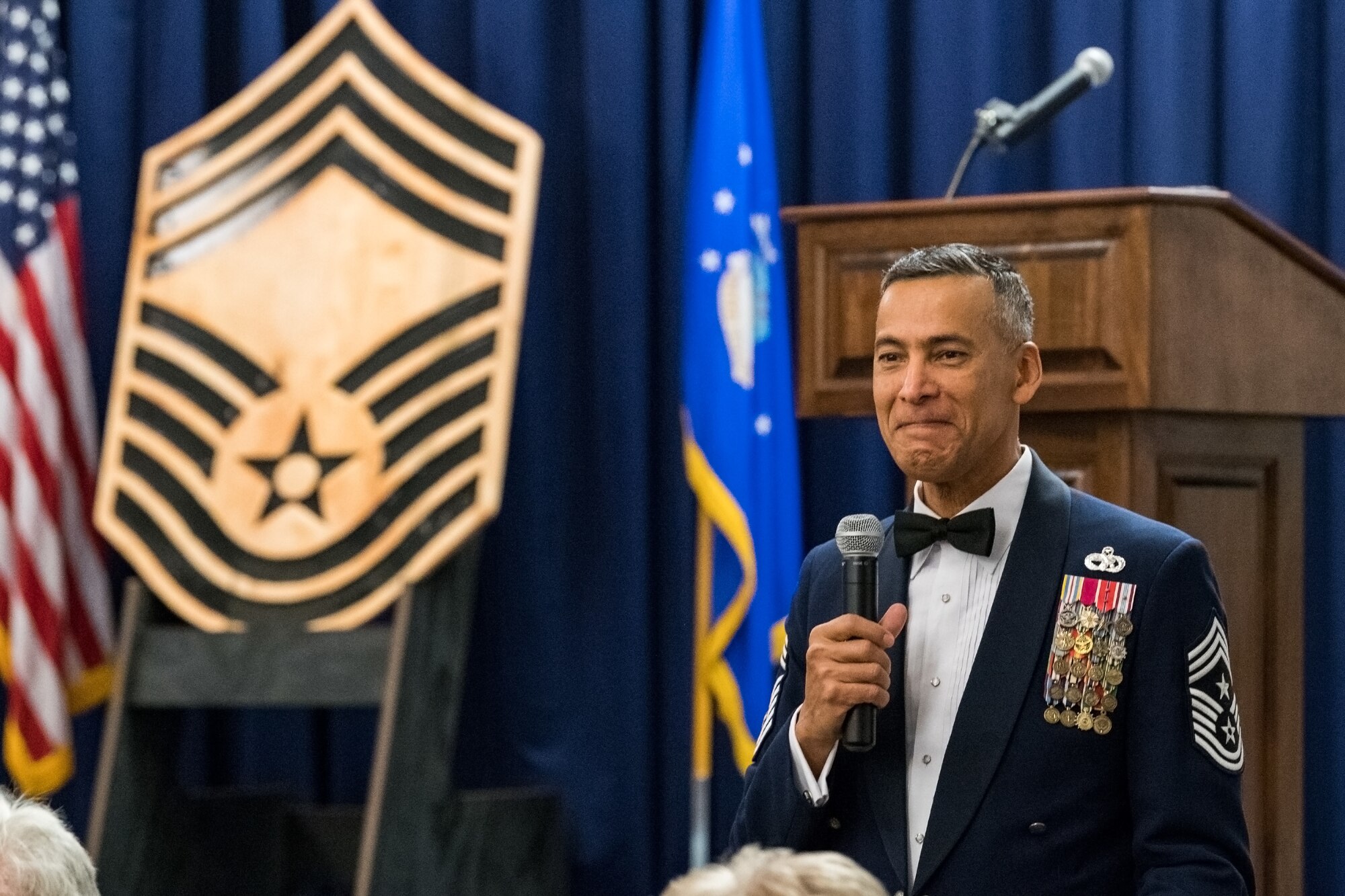 Chief Master Sgt. Terrence Greene, Air Mobility Command command chief, Scott AFB, Ill., speaks to attendees during the Chief Master Sergeant Recognition Ceremony at the Landings, Feb. 8, 2020, on Dover Air Force Base, Del. Greene was the guest speaker for the event, during which the newest chief master sergeants and chief master sergeant selects were honored. (U.S. Air Force photo by Roland Balik)