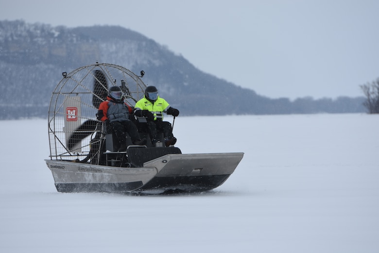 Survey team collects ice thickness on an air boat
