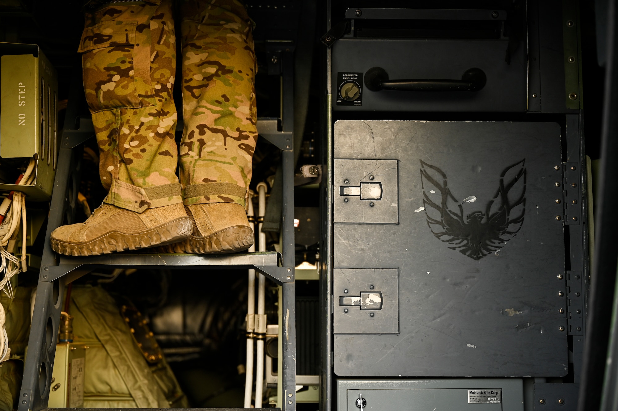 A U.S. Air Force HC-130J Combat King II loadmaster with the 79th Expeditionary Rescue Squadron, deployed to Al Udeid Air Base, Qatar, runs through preflight checklists before a personnel recovery training mission at Al Udeid AB, Feb. 6, 2020.