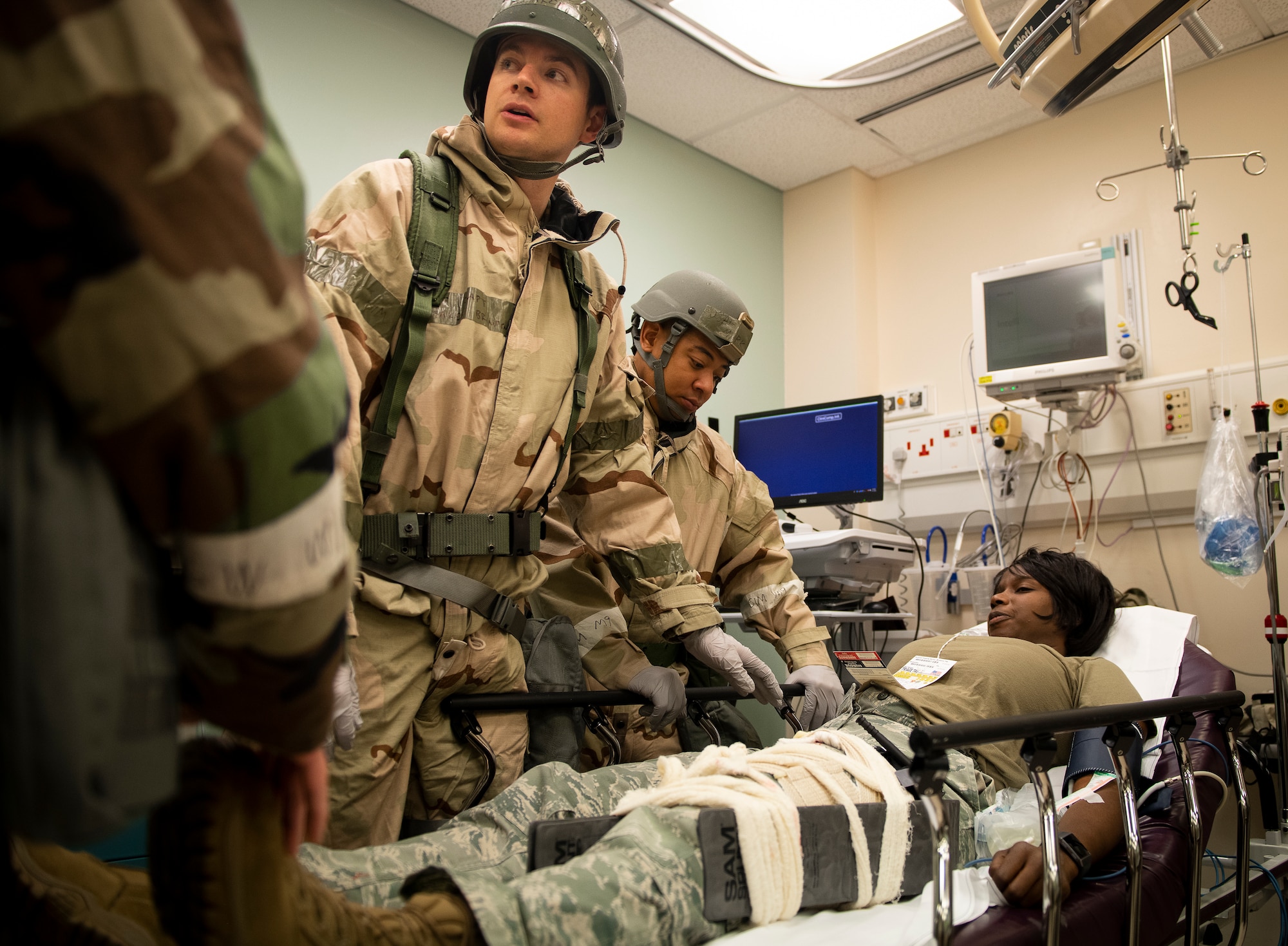 48th Medical Group Airmen treat a patient during a ‘Furious 48’ exercise at Royal Air Force Lakenheath, England, Feb. 11, 2020. The readiness exercise spans two days and is intended to prepare U.S. Air Force personnel for sustained combat operations during contested and degraded environments. (U.S. Air Force photo by Airman 1st Class Madeline Herzog)