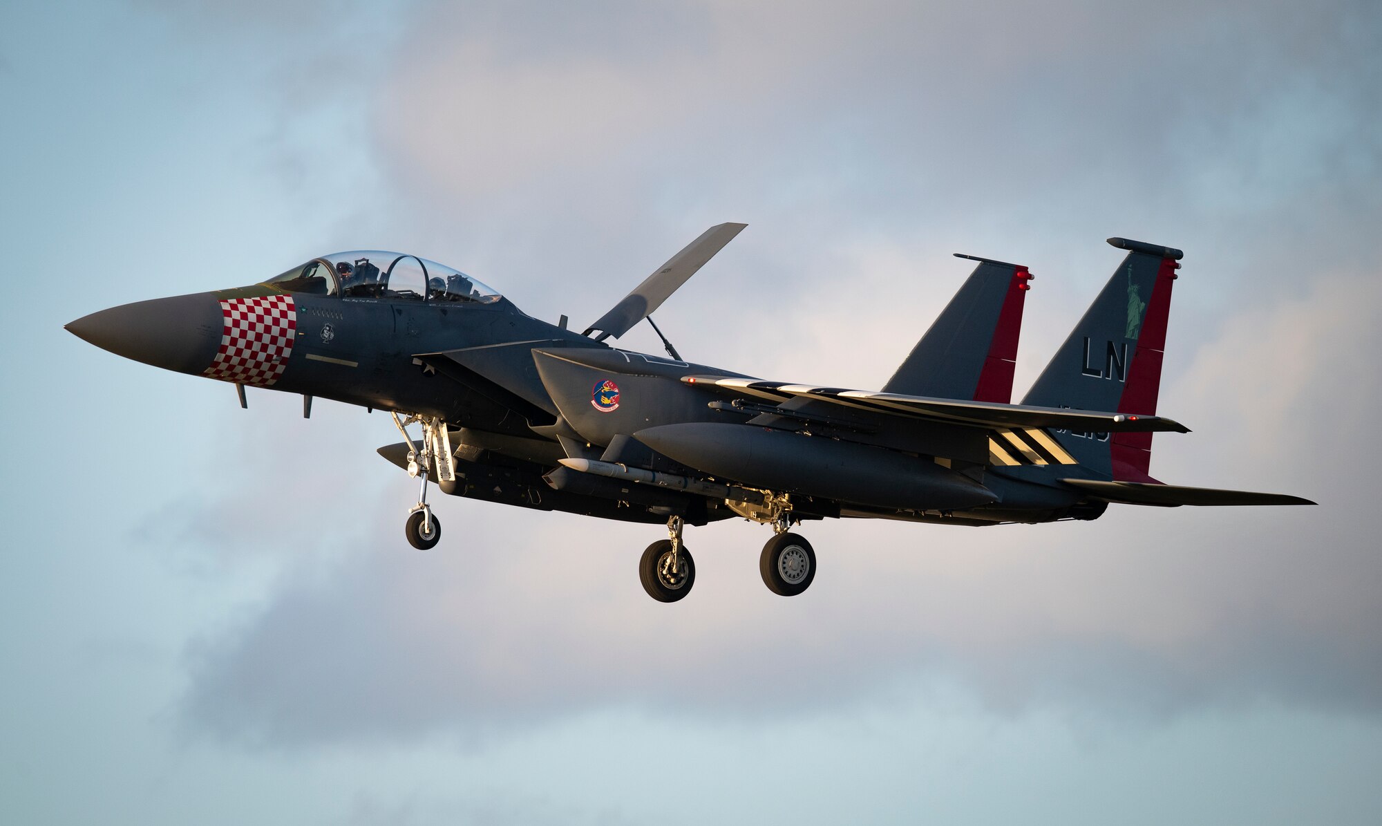 An F-15E Strike Eagle assigned to the 492nd Fighter Squadron lands at Royal Air Force Lakenheath, England, during a ‘Furious 48’ exercise Feb.11, 2020. Exercises like this provide both aircrew and support personnel stationed at the Liberty Wing the experience needed to maintain a ready force capable of ensuring the collective defense of the NATO alliance. (U.S. Air Force photo by Airman 1st Class Madeline Herzog)