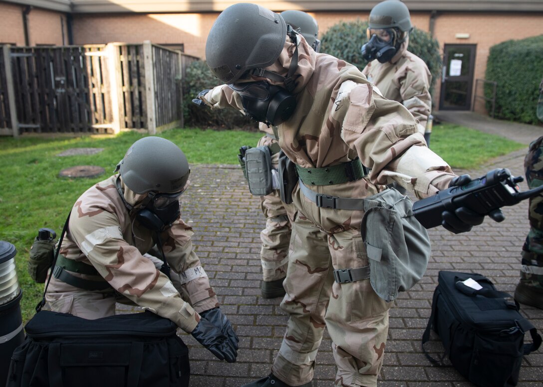 Airmen assigned to the 48th Medical Group perform ‘buddy checks’ during a ‘Furious 48’ exercise at Royal Air Force Lakenheath, England, Feb. 12, 2020. Exercises like this provide both aircrew and support personnel stationed at the Liberty Wing the experience needed to maintain a ready force capable of operating and surviving in any contingency environment. (U.S. Air Force photo by Airman 1st Class Madeline Herzog)