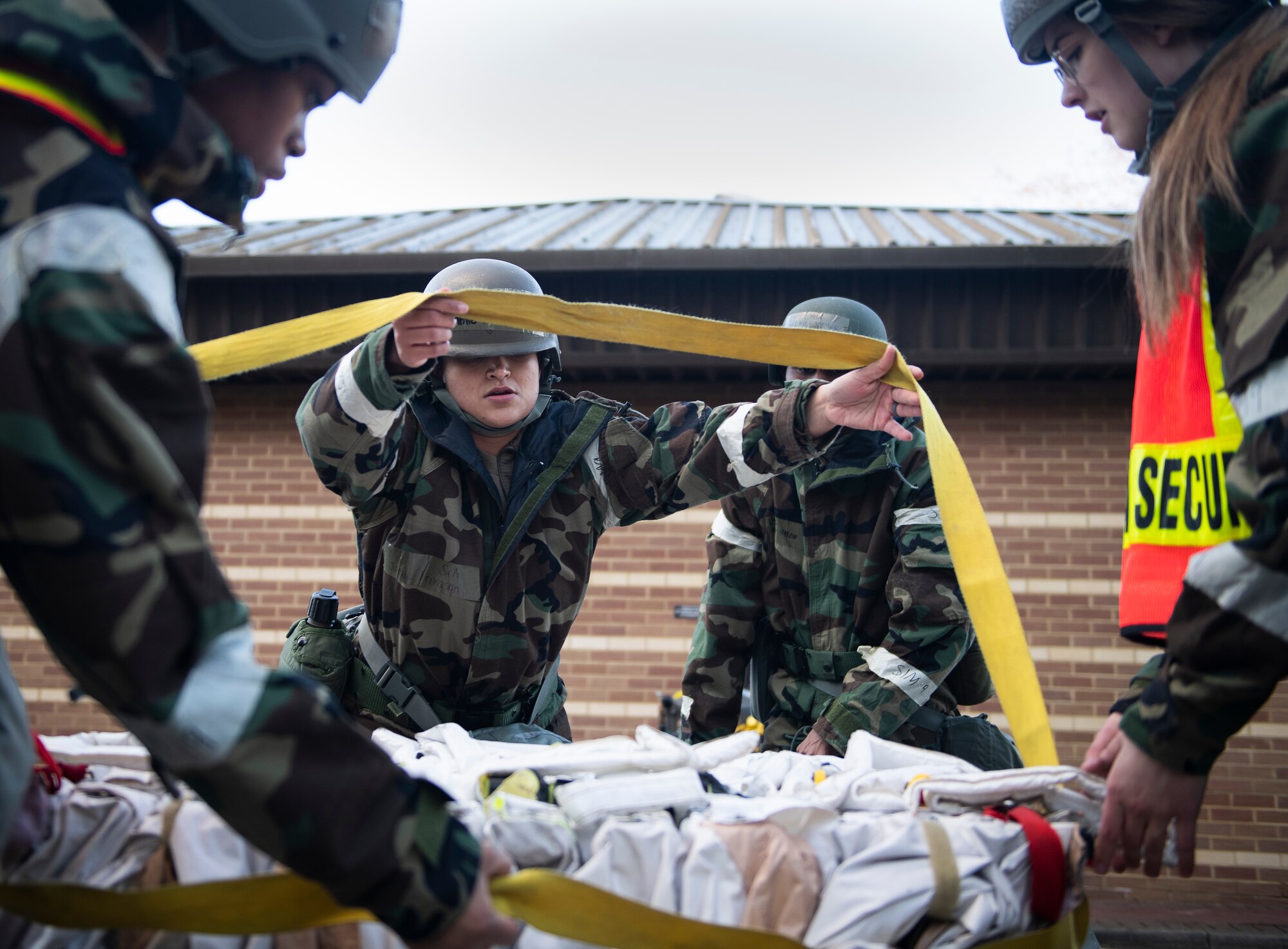 Airmen assigned to the 48th Medical Group set-up a decontamination zone during a ‘Furious 48’ exercise at Royal Air Force Lakenheath, England, Feb. 12, 2020. Exercises like this ensure medical personnel are trained and ready to forward deploy and provide care in any contingency environment. (U.S. Air Force photo by Airman 1st Class Madeline Herzog)
