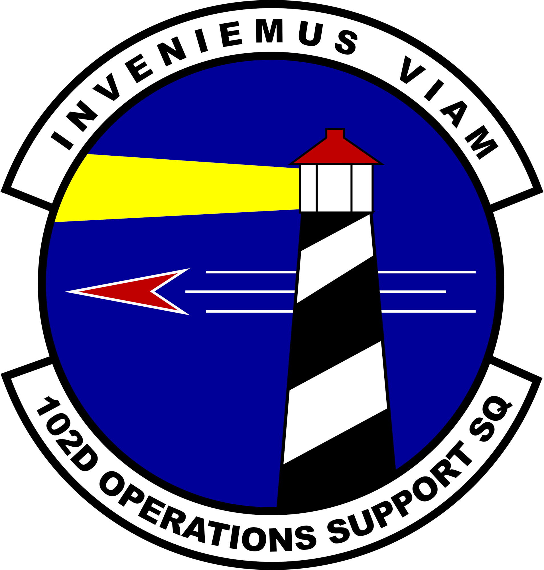The unit emblem of the 102nd Operations Support Squadron depicts a lighthouse on a blue field, its light shining to the left, in the same direction as a delta shape streaking by.