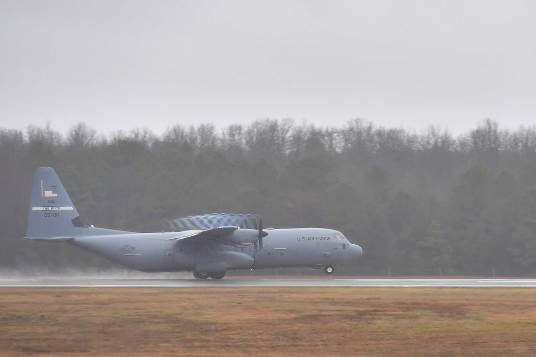 A C-130J Super Hercules from the 61st Airlift Squadron departs from Little Rock Air Force Base.
