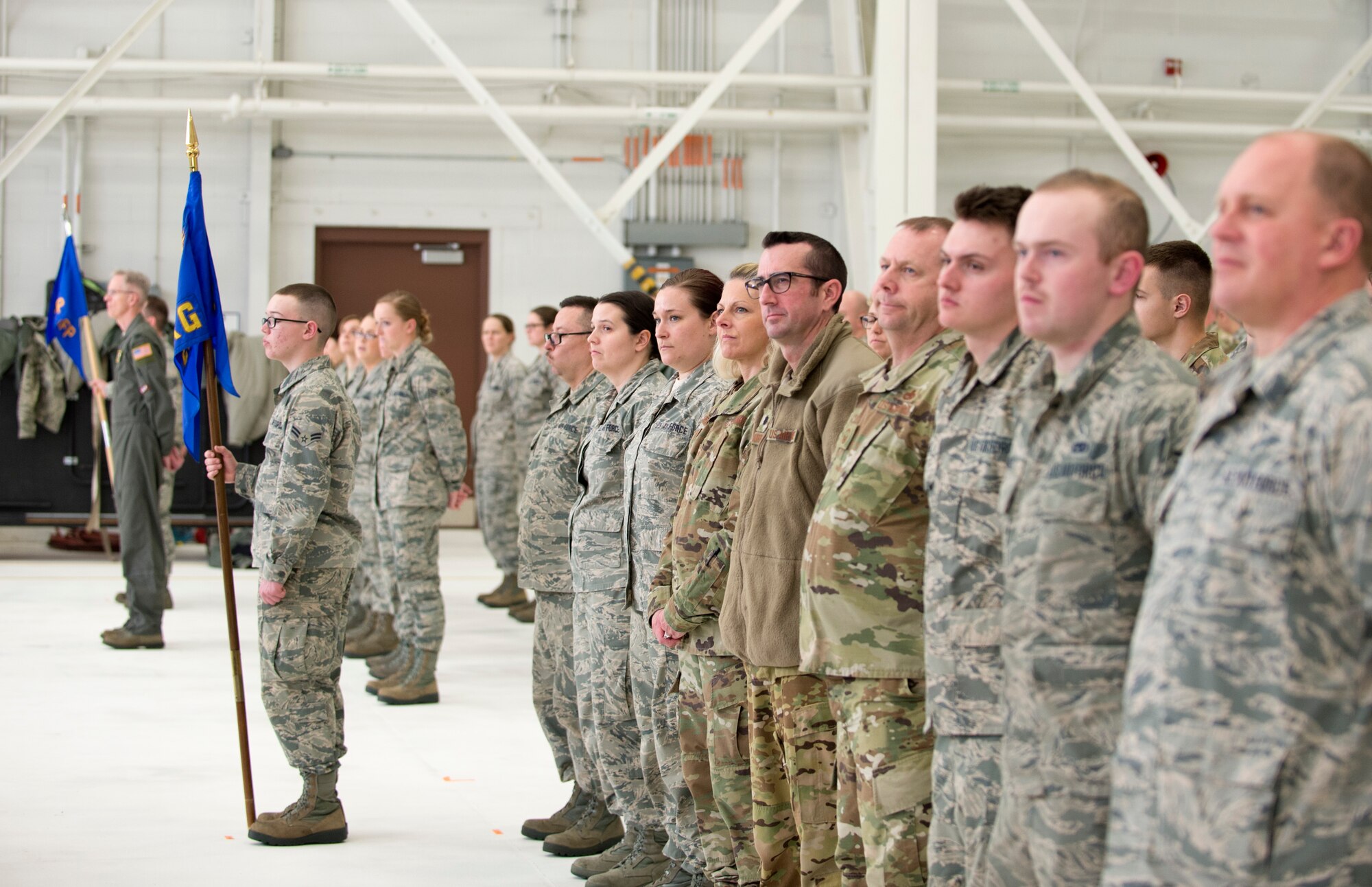 U.S. Air Force Airmen from the 133rd Airlift Wing stand in formation during the change of responsibility ceremony in St. Paul, Minn., Feb. 9, 2020.