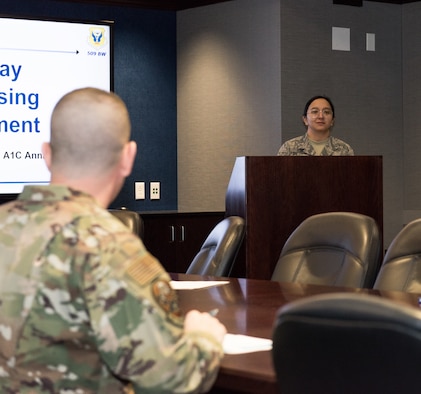 Airman 1st Class Annabella Riggle, the 509th Contracting Squadron contracting administrator, presents her innovative idea to leadership on Jan. 28, 2020, at Whiteman Air Force Base, Mo. The Innovation Pitch Day allowed the Airmen to present their ideas to inspire change for the Whiteman AFB sponsorship program. (U.S. Air Force photo by Airman 1st Class Christina Carter)