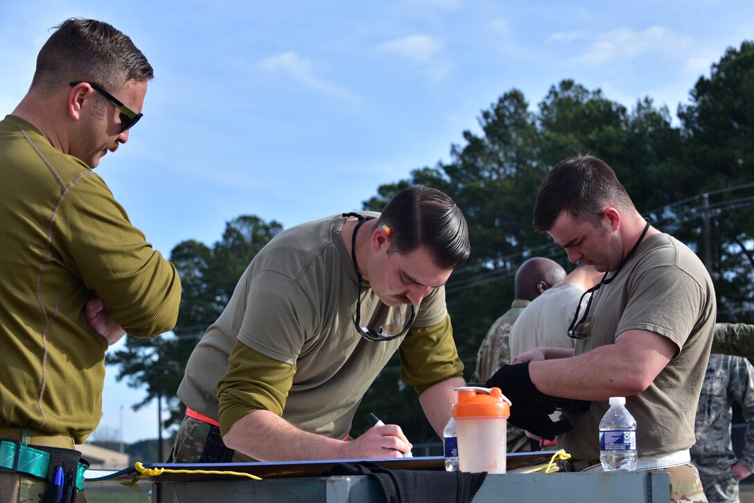 Airmen from the 4th Munitions Squadron prepare their fuze setting prior to the installation into a guided bomb unit during an Air Force Combat Operations Competition qualification.