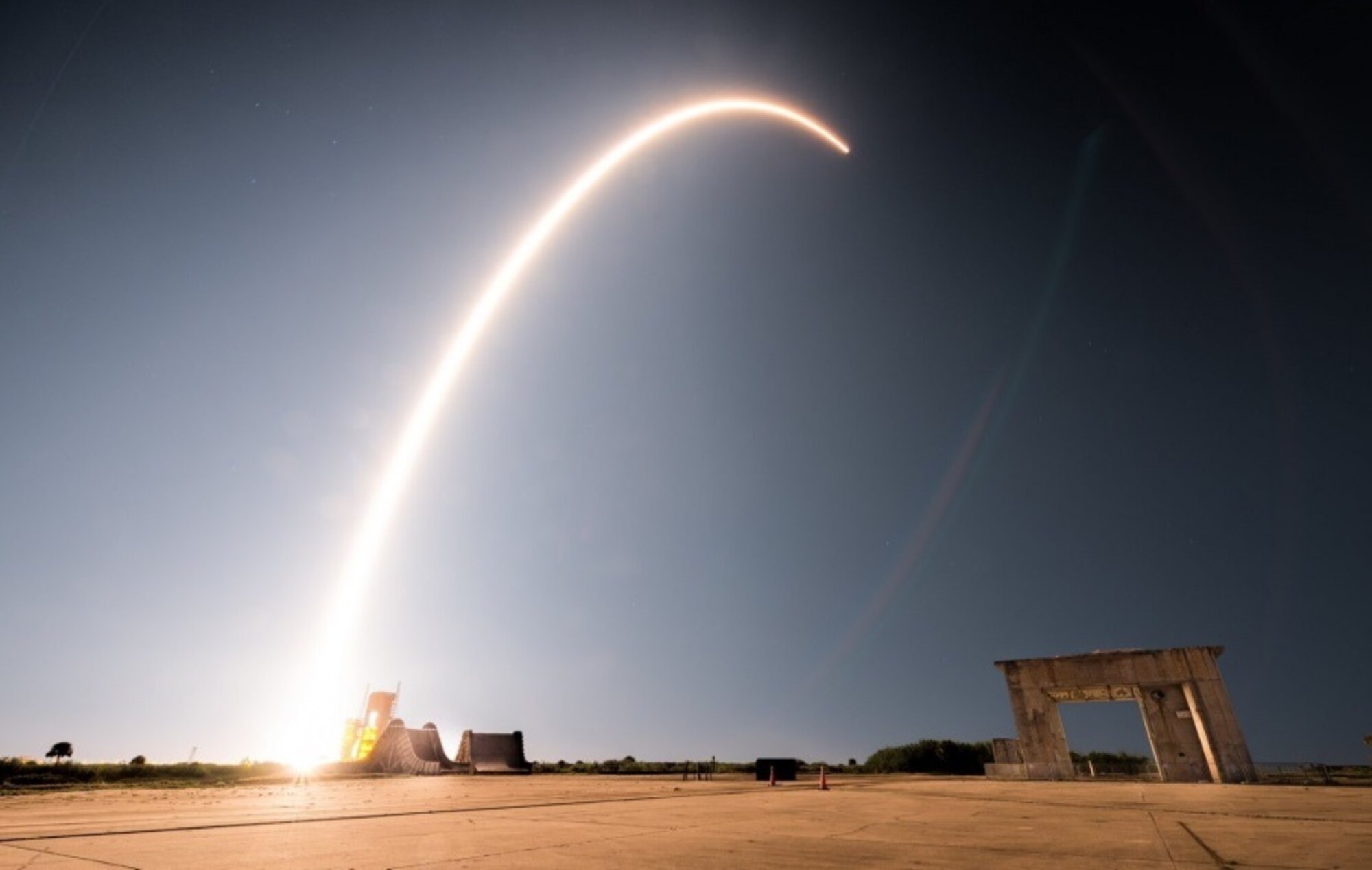 A Falcon 9 rocket launches on Jan. 6, 2020, at Cape Canaveral Air Force Station, Fla. The rocket, carrying an installment of Starlink satellites, was the first official launch of the United States Space Force. Special Agents from Air Force Office of Special Investigations Detachment 802, Patrick Air Force Base, Fla., teamed with other agencies and organizations to ensure successful launch operations. (Photo by Mr. Joshua Conti, 45 SW/PA-BMM)