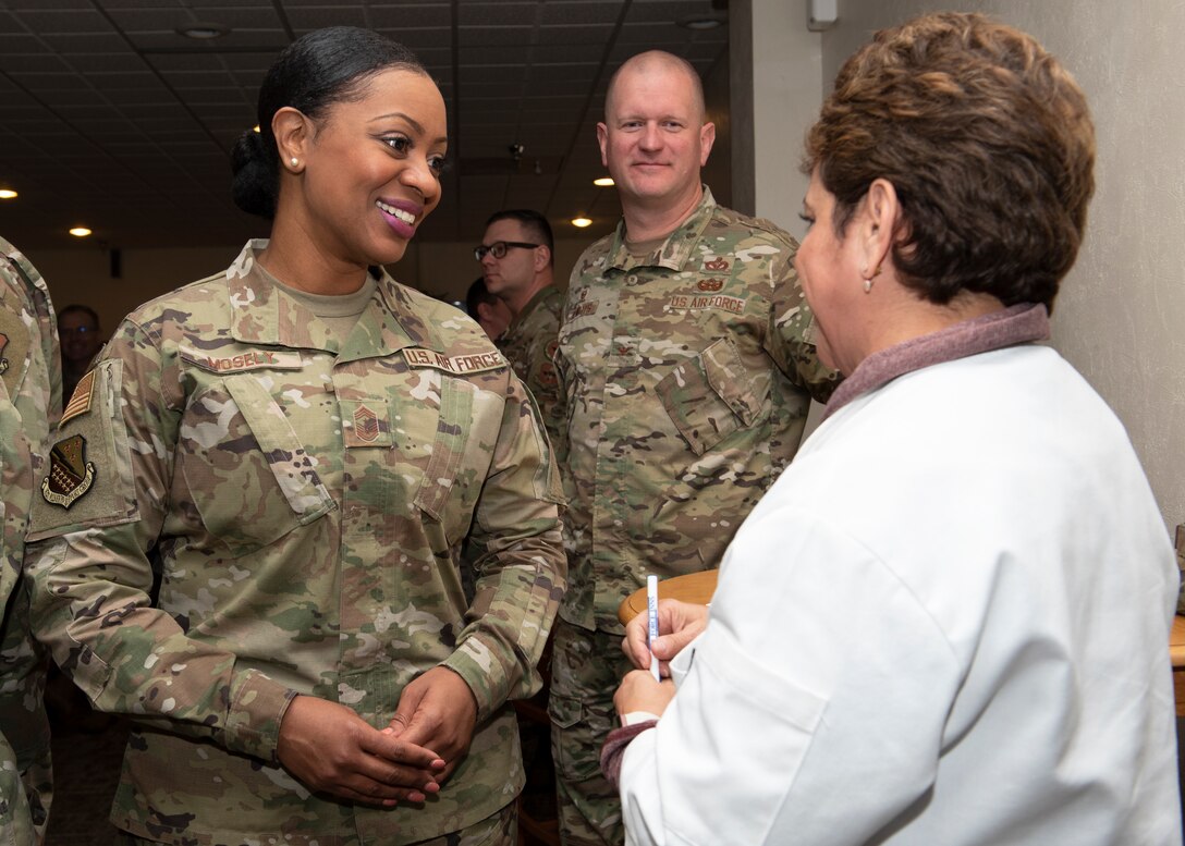 Chief Master Sgt. Diena Moseley, left, 82nd Training Wing command chief, talks with Laura Lozano, Hennessy Award evaluator, at Sheppard Air force Base, Texas, Feb. 7, 2020. Sheppard has won the Hennessy Award three times in the past. The evaluators look for several factors that can determine whether the dining facility is able to even be nominated for the award. (U.S. Air Force photo by Senior Airman Pedro Tenorio)