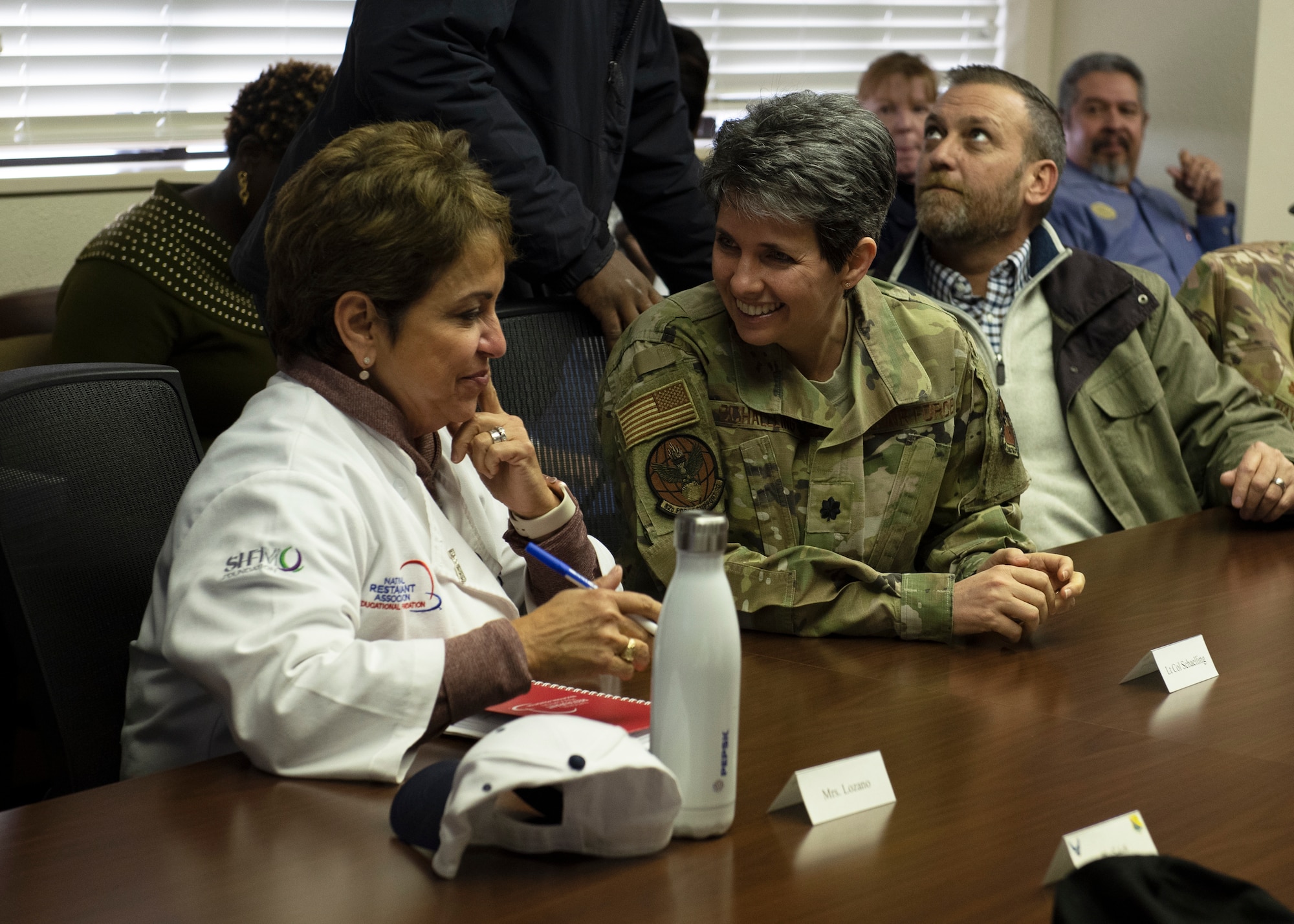Laura Lozano, left, Hennessy Award evaluator, talks with Lt. Col. Colleen Shaeling, 82nd Force Support Squadron commander, at Sheppard Air force Base, Texas, Feb. 7, 2020. Sheppard has won the Hennessy Award three times in the past. The evaluators look for several factors that can determine whether the dining facility is able to even be nominated for the award. (U.S. Air Force photo by Senior Airman Pedro Tenorio