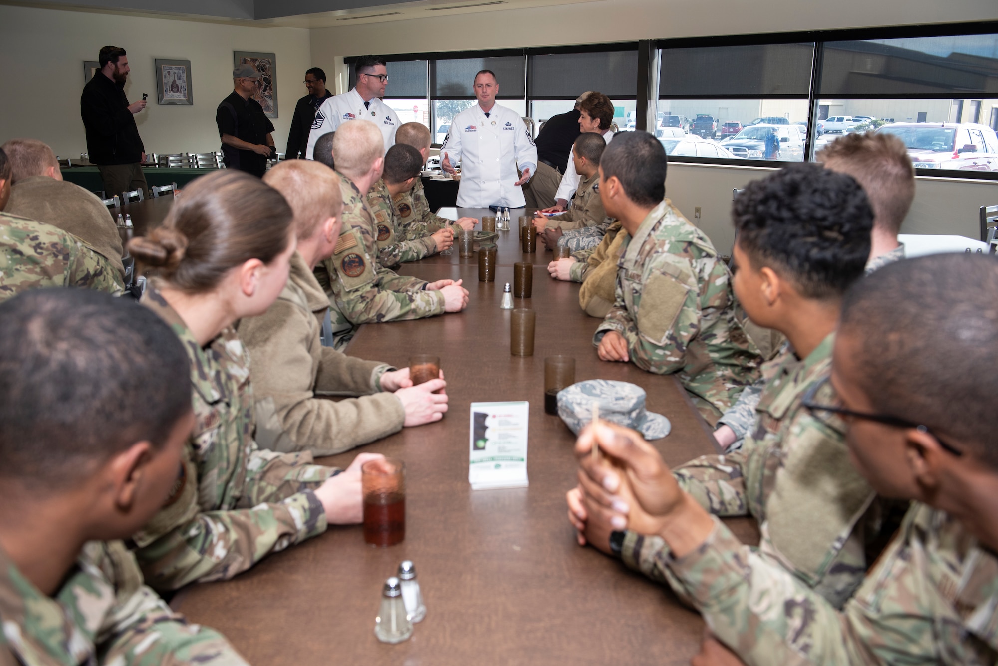 Hennessy Award evaluators talk to Airmen in Training about possible changes in the dining facilities at Sheppard Air force Base, Texas, Feb. 7, 2020. Sheppard has three main dining facilities as well as a central prep kitchen. Sheppard serves around 10,000 people a day, mostly made up of Airmen in Training. (U.S. Air Force photo by Senior Airman Pedro Tenorio)
