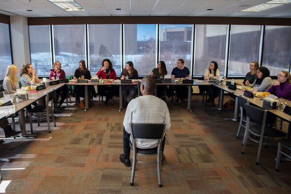 The 50th Force Support Squadron Airman and Family Readiness Center organized its first key spouse and mentors luncheon Feb. 11, 2020 at Schriever Air Force Base, Colorado. One of the primary purposes of the lunch was to build networking among key spouses. Additionally, the spouses participated in resilience exercises and learned about education opportunities and financial aid offered by the AFRC. (U.S. Air Force photo by Airman 1st Class Jonathan Whitely)
