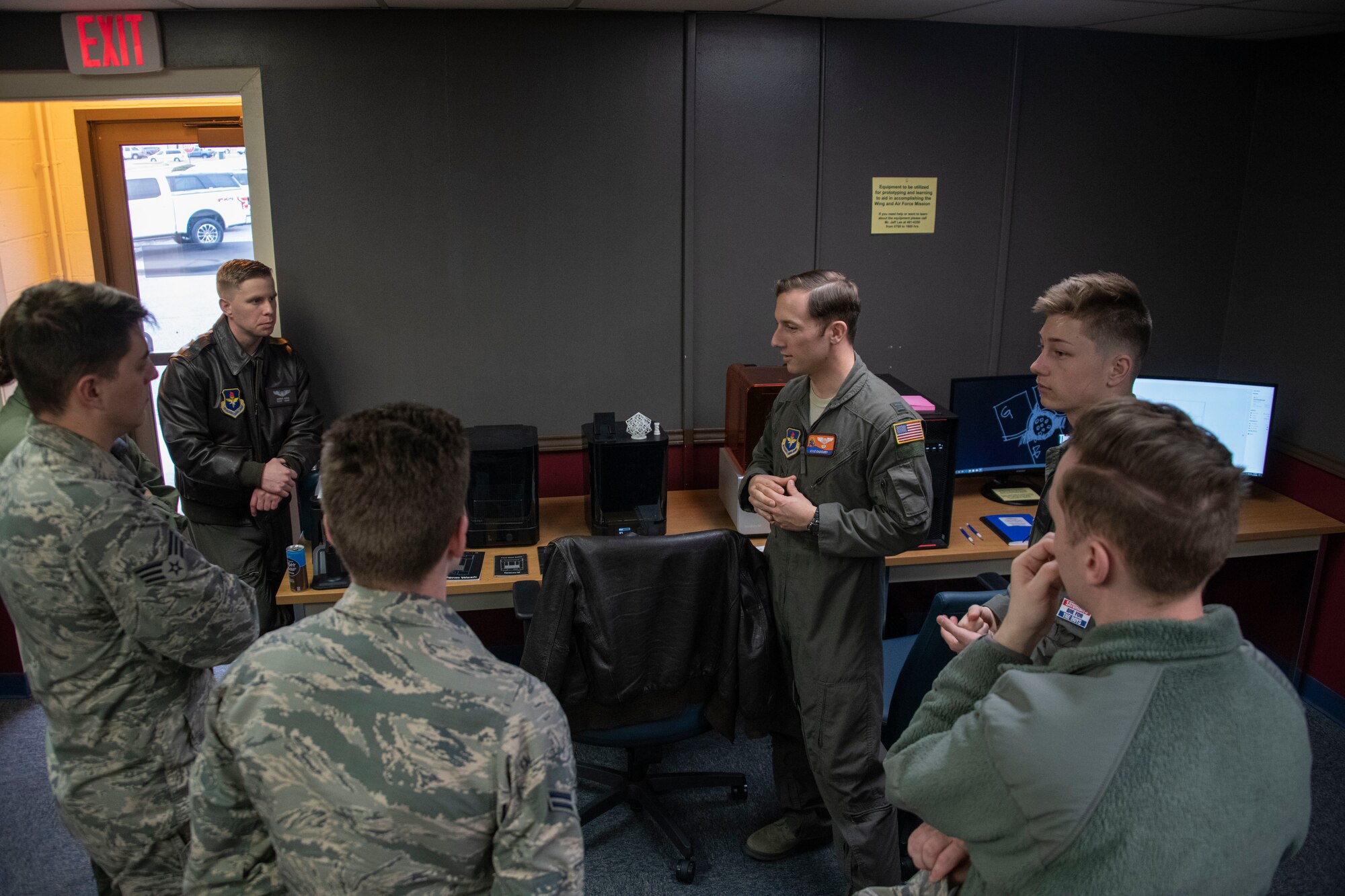 U.S. Air Force Capt. Kyle Gadoury, the assistant flight commander of current operations assigned to the 97th Operations Support Squadron, talks about the different capabilities at the Wing Innovation Advancement Center,