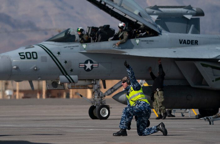 An aircraft prepares  to taxi out.