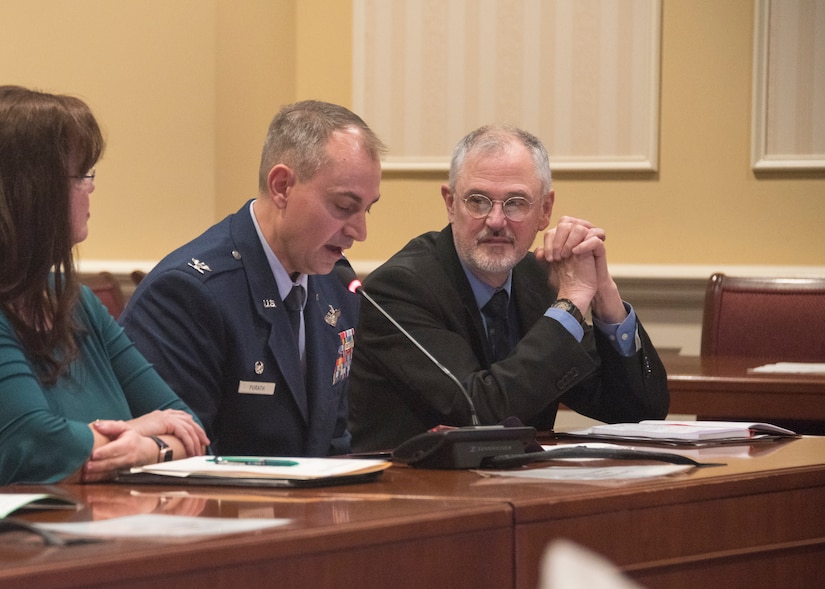 Col. Andrew Purath, 11th Wing and Joint Base Andrews Commander, speaks on Senate Bill 280, Occupational and Professional Licensing - Service Members, Veterans, and Military Spouses - Revisions to Reciprocity Requirements, to the Maryland Education, Health and Environmental Affairs Committee in Annapolis, Md., March 26, 2019. Maryland is one of many states that are pushing such legislation to allow for military spouses to either have expedited licensing or more flexible rules. For service members, veterans, and military spouse in Maryland, this bill would allow for a permanent license to be granted if the member moved to the state and has held a valid occupational or professional license from another state. (U.S. Air Force photo by Staff Sgt. Jared Duhon)