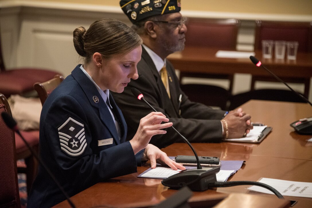 Master Sgt. Heather Kirscher, 11th Medical Support Squadron First Sergeant, speaks to the Maryland Education, Health and Environmental Affairs Committee on Senate Bill 280 in Annapolis, Md., Feb. 6, 2020. Kirscher spoke about Senate Bill 280, Occupational and Professional Licensing - Service Members, Veterans, and Military Spouses - Revisions to Reciprocity Requirements, and said by allowing spouses to use their professional licensing in this state for employment, this bill would positively affect the morale of the Air Force family. According to the Defense-State Liaison Offices, approximately 34% of military spouses require an occupation license to work. (U.S. Air Force photo by Staff Sgt. Jared Duhon)