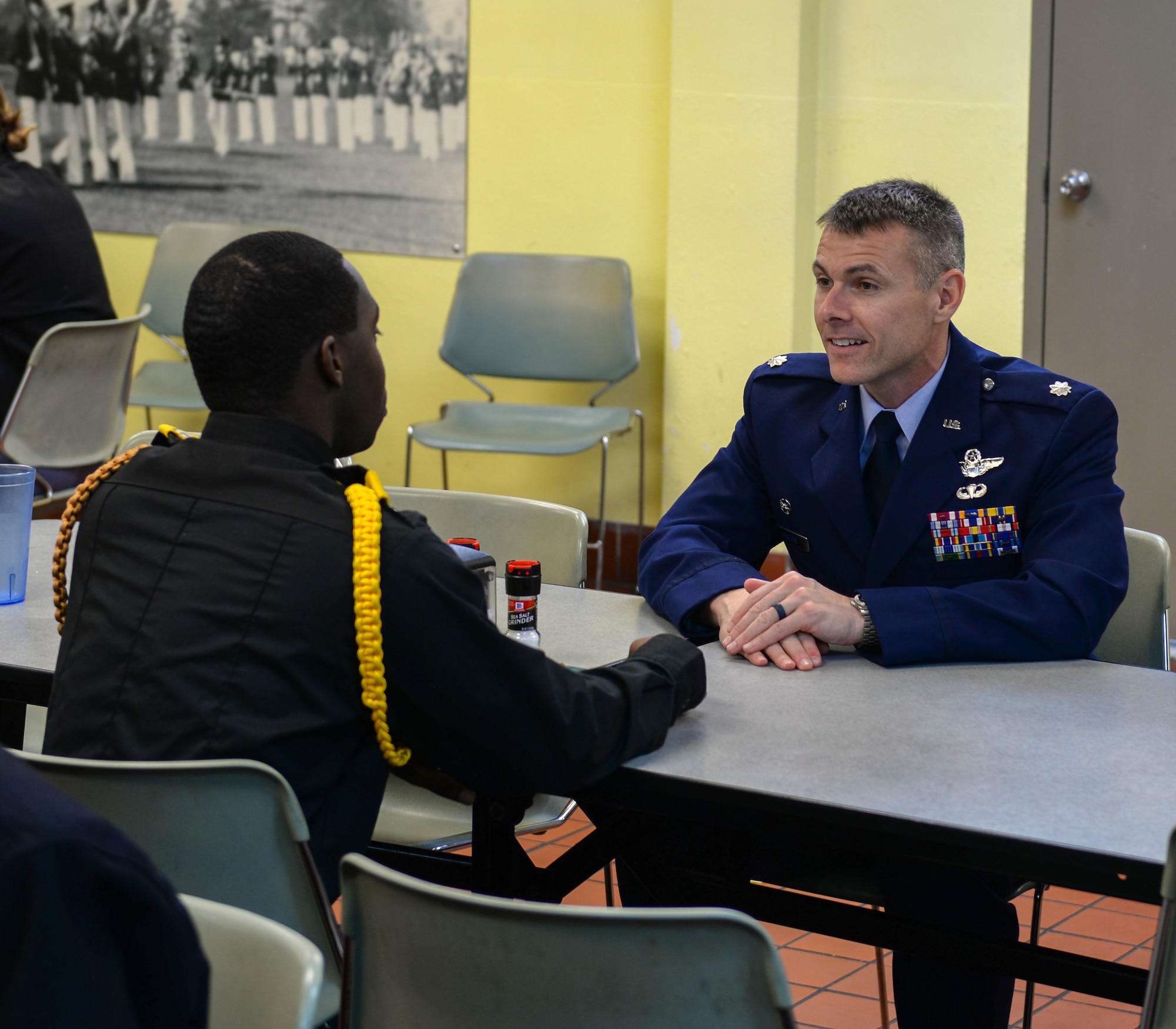 Lt. Col. Nathaniel Wilds, 50th Flying Squadron commander, speaks with a Marion Military Institute cadet, Feb. 10, 2020, at MMI in Marion, Ala. Challenging academic programs, hands-on opportunities and rigorous course work prepare cadets for transfer to a four-year college or university or to obtain an appointment to a service academy. (U.S. Air Force photo by Airman Davis Donaldson)