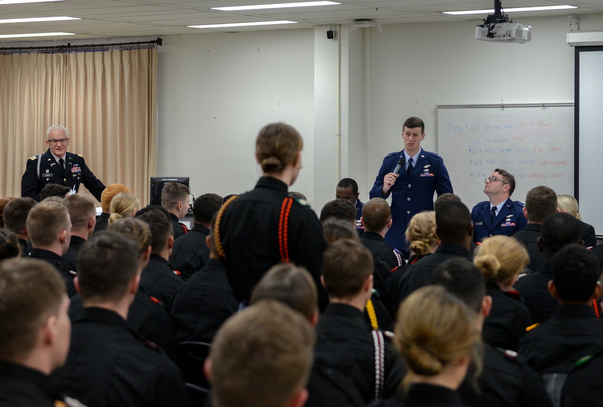 First Lt. Everett Montano, 37th Flying Training Squadron instructor pilot, answers a question asked by a Marion Military Institute cadet Feb. 10, 2020, at MMI in Marion, Ala. MMI was founded in 1842 and is one of only four military junior colleges in the United States. (U.S. Air Force photo by Airman Davis Donaldson)