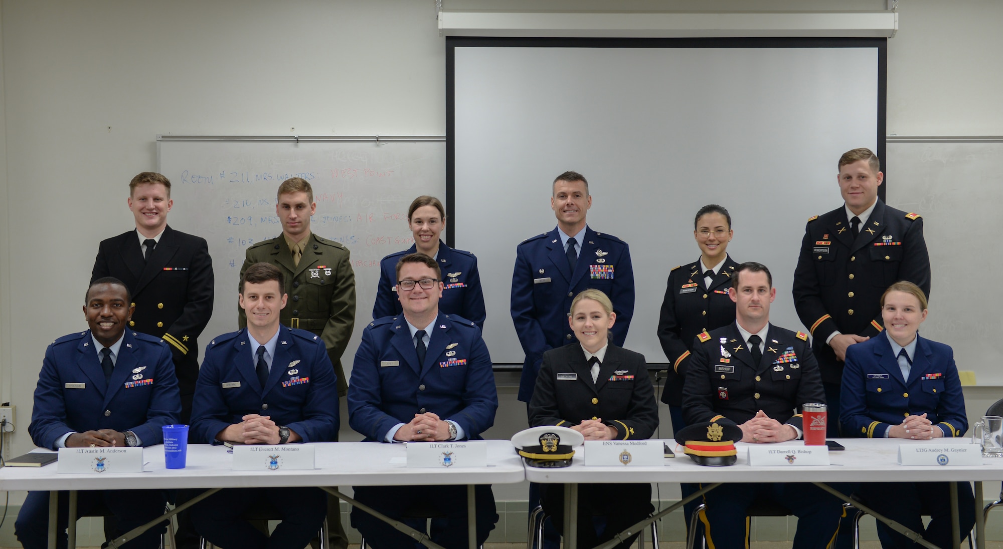 Air Force, Army, Coast Guard, Marine and Navy officers were part of a panel Feb. 10, 2020, at Marion Military Institute in Marion, Ala., where they answered questions from MMI cadets. (U.S. Air Force photo by Airman Davis Donaldson)