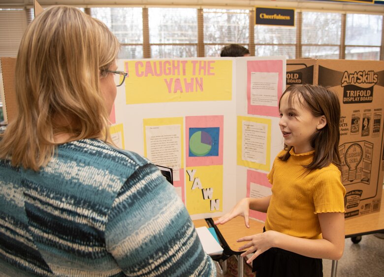 Meghan Clardy, a chemical engineer in the Cost Engineer Branch, interviews a Monte Sano sixth-grader during the school’s science fair Jan. 15. This is the second year in a row Clardy has served as a judge for the Monte Sano science fair.