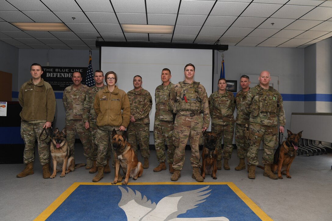 Group photo of military working dogs with their handlers along with others.
