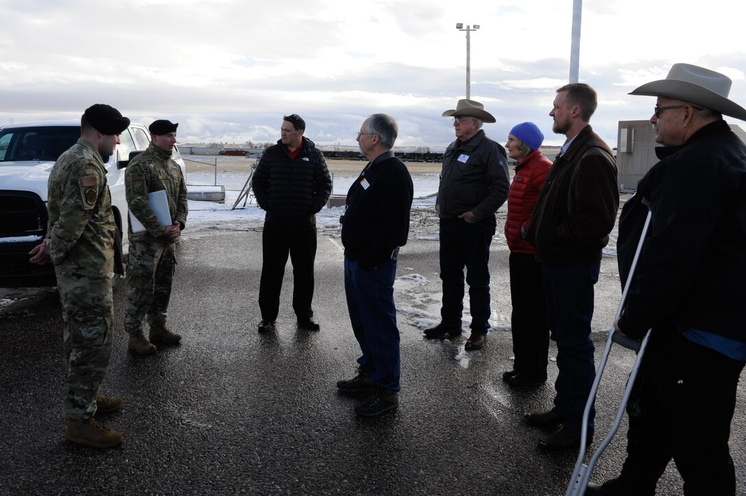 Lt. Ricky Sizemore briefs state legislators during a visit to F.E. Warren Air Force Base, Wyoming, Feb. 7, 2020, teaching them about the 90th Missile Wing security forces mission. The representatives and senators saw demonstrations of the missile procedures trainer, missile maintenance trainer, explosive ordinance disposal and security forces. (U.S. Air Force photos by Joseph Coslett)