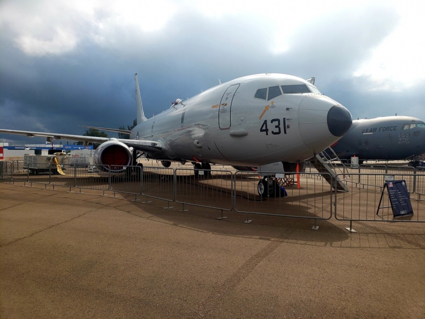 A P-8A aircraft assigned to Patrol Squadron (VP) 10 sits on the flight line at Changi Air Base East, Republic of Singapore, Feb. 11, 2020. The Red Lancers from VP-10 will participate in the Singapore Airshow Feb. 11-16. It is the largest defense exhibition and biennial international trade show in the Pacific.