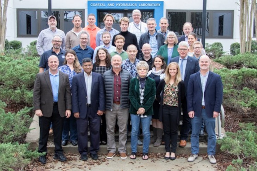 The editorial board and chapter co-lead meeting for the “Guidelines on the Use of Natural and Nature-Based Features for Sustainable Coastal and Fluvial Systems” took place at the U.S. Army Engineer Research and Development Center in Vicksburg, Mississippi, October 2019. The meeting was led by Dr. Jeff King (front-left) and Dr. Todd Bridges (front-right), deputy national lead and national lead of the Engineering With Nature® Initiative, respectively.