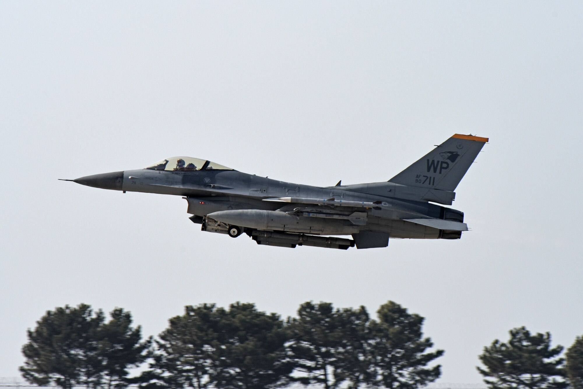 A U.S. Air Force F-16 Fighting Falcon assigned to the 80th Fighter Squadron “Juvats” takes off for a routine training flight at Kunsan Air Base, Republic of Korea, Feb. 11, 2020. The 80th FS is one of two fighter squadrons assigned to the 8th Fighter Wing. The squadron was activated during World War II in 1942, as the 80th Pursuit Squadron. (U.S. Air Force photo by Staff Sgt. Mackenzie Mendez)