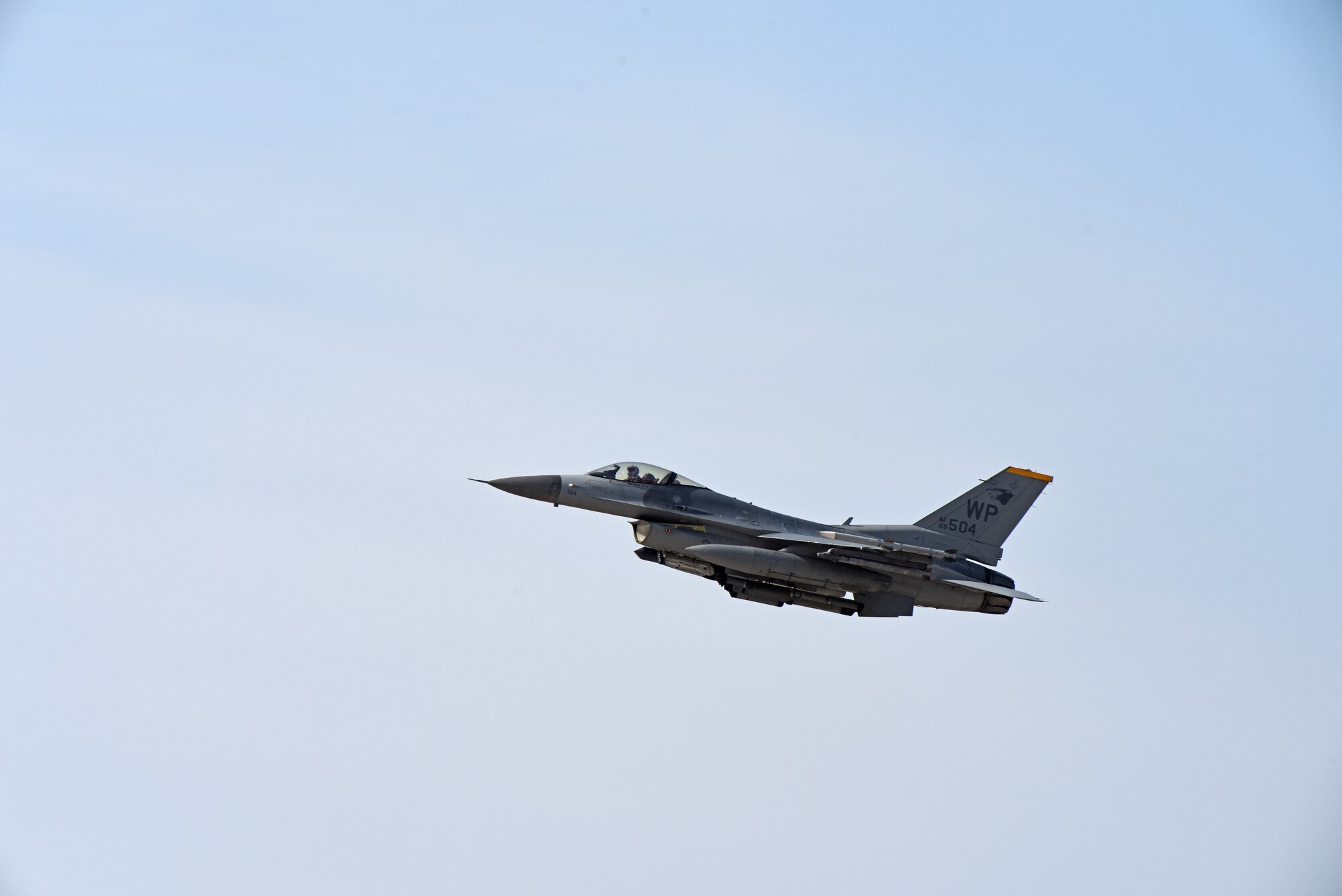 A U.S. Air Force F-16 Fighting Falcon assigned to the 80th Fighter Squadron “Juvats” takes off for a routine training flight at Kunsan Air Base, Republic of Korea, Feb. 12, 2020. The 80th FS is one of two fighter squadrons assigned to the 8th Fighter Wing. The squadron was activated during World War II in 1942, as the 80th Pursuit Squadron. (U.S. Air Force photo by Staff Sgt. Mackenzie Mendez)