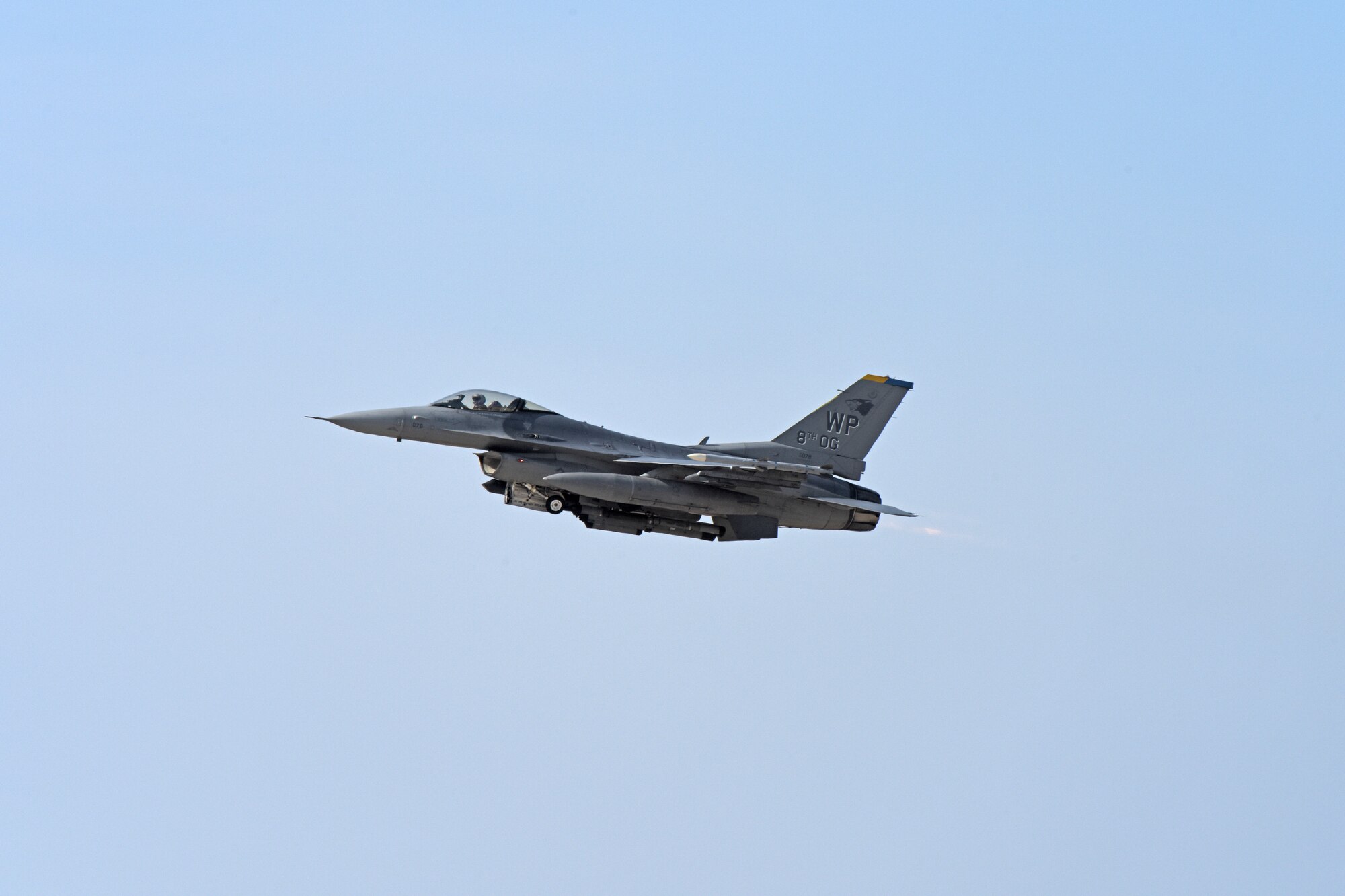 U.S. Air Force F-16 Fighting Falcon assigned to the 8th Fighter Wing prepare to take-off for a routine training flight at Kunsan Air Base, Republic of Korea, Feb. 11, 2020. The 8th FW is home to two fighter squadrons, the 35th Fighter Squadron “Pantons” and 80th FS “Juvats.” They perform air and space control roles including counter air, strategic attack, interdiction and close-air support missions. (U.S. Air Force photo by Staff Sgt. Mackenzie Mendez)