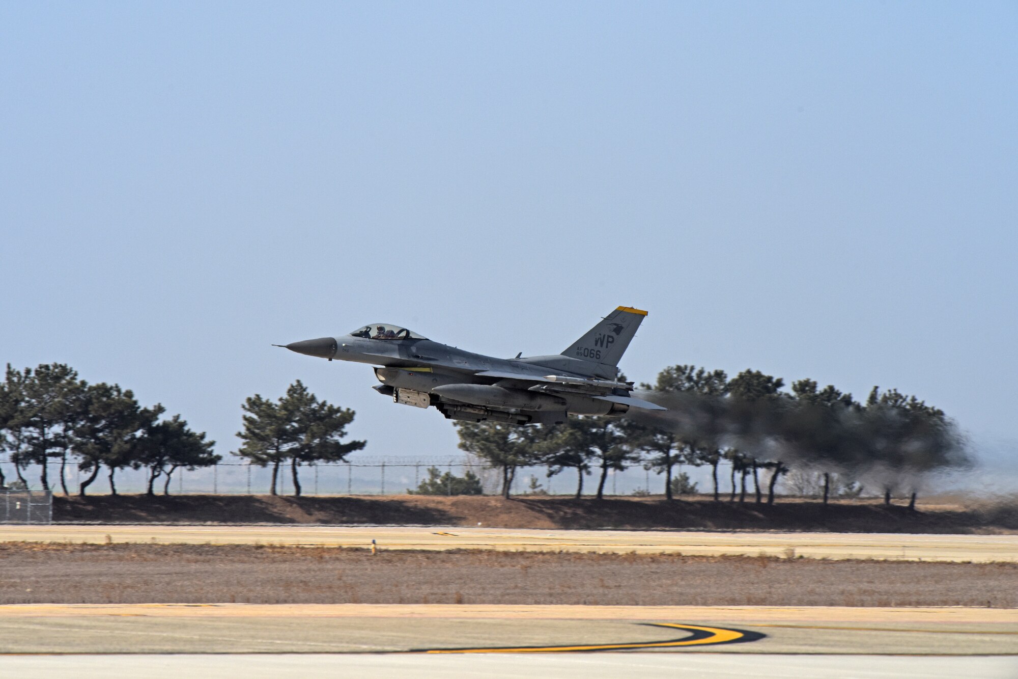 A U.S. Air Force F-16 Fighting Falcon assigned to the 80th Fighter Squadron “Juvats” takes off for a routine training flight at Kunsan Air Base, Republic of Korea, Feb. 11, 2020. The 80th FS is one of two fighter squadrons assigned to the 8th Fighter Wing. The squadron was activated during World War II in 1942, as the 80th Pursuit Squadron. (U.S. Air Force photo by Staff Sgt. Mackenzie Mendez)