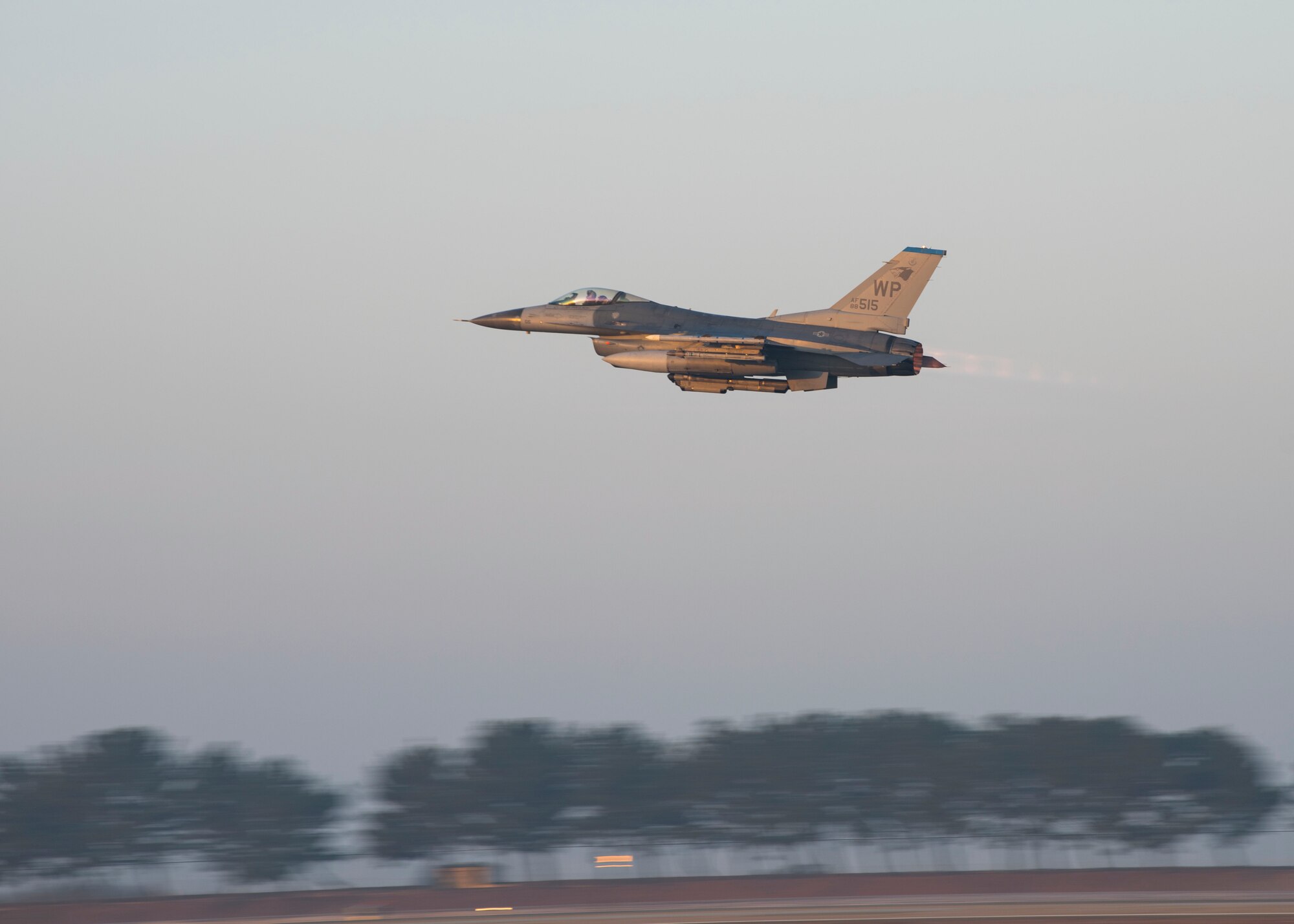 A U.S. Air Force F-16 Fighting Falcon assigned to the 35th Fighter Squadron takes-off during a routine training at Kunsan Air Base, Republic of Korea, Feb. 11, 2020. The 35th FS “Pantons” conducted this routine training to maintain proficiency of flying operations. (U.S. Air Force photo by Senior Airman Jessica Blair)