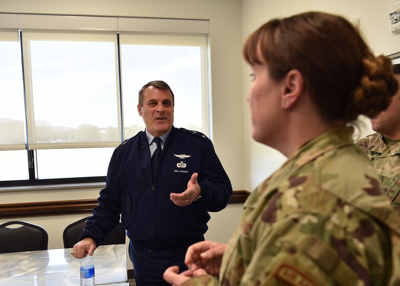 U.S. Air Force Maj. Gen. Peter Lambert, Assistant Deputy Chief of Staff, Intelligence, Surveillance and Reconnaissance, speaks to Lt. Col. Amber Saldaña, 17th Training Support Squadron commander, about the success of the active learning initiatives at the Cressman Student Collaboration Center on Goodfellow Air Force Base, Texas, Feb. 13, 2020. The various programs teach resiliency skills to service members at the beginning of their careers. (U.S. Air Force photo by Staff Sgt. Chad Warren)