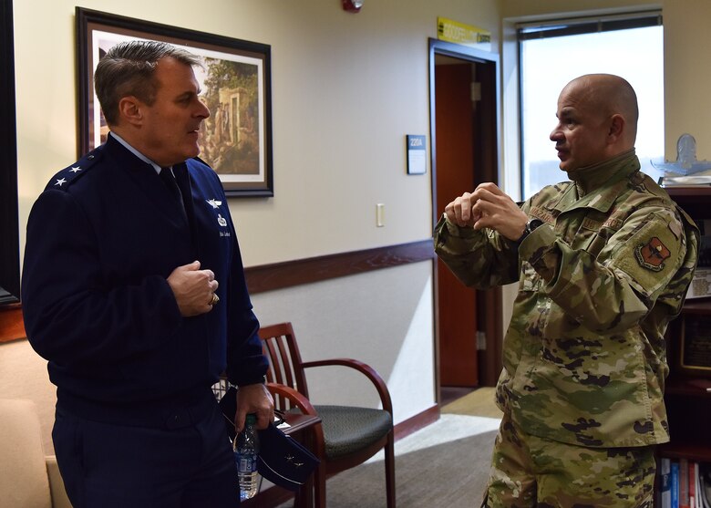 U.S. Air Force Maj. Gen. Peter Lambert, Assistant Deputy Chief of Staff, Intelligence, Surveillance and Reconnaissance, speaks to Col. Andres Nazario, 17th Training Wing commander, about his visit to Goodfellow Air Force Base, Texas, Feb. 13, 2020. Lambert observed several resiliency training programs and was a guest instructor for an intelligence training course. (U.S. Air Force photo by Staff Sgt. Chad Warren)