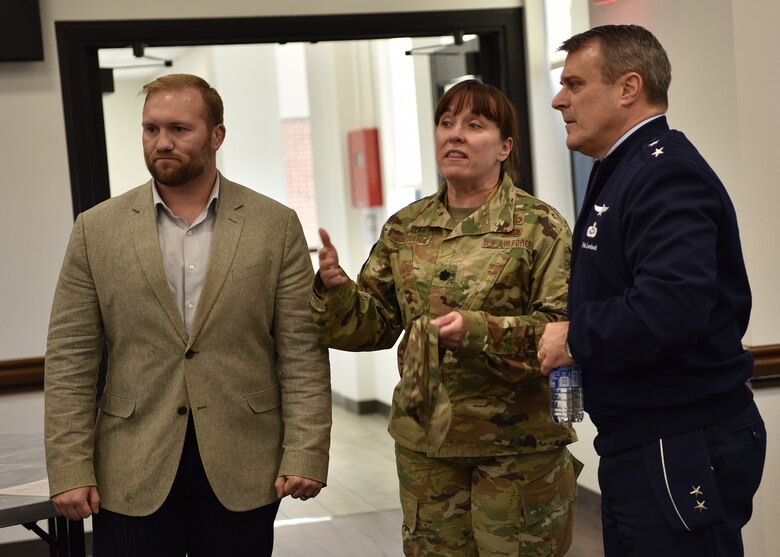 U.S. Air Force Lt. Col. Amber Saldaña, 17th Training Support Squadron commander, briefs Maj. Gen. Peter Lambert, Assistant Deputy Chief of Staff, Intelligence, Surveillance and Reconnaissance, on the 17th Training Wing’s faculty development programs, Faculty Next and Airmen Success Model at the Cressman Student Collaboration Center on Goodfellow Air Force Base, Texas, Feb. 13, 2020. These initiatives were created to enhance the wing’s goal of training and inspiring the future force. (U.S. Air Force photo by Staff Sgt. Chad Warren)