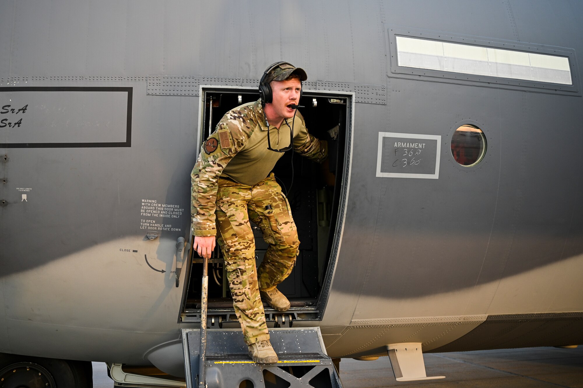 A U.S. Air Force HC-130J Combat King II loadmaster with the 79th Expeditionary Rescue Squadron, deployed to Al Udeid Air Base, Qatar, runs through preflight checklists before a personnel recovery training mission at Al Udeid AB, Feb. 6, 2020.