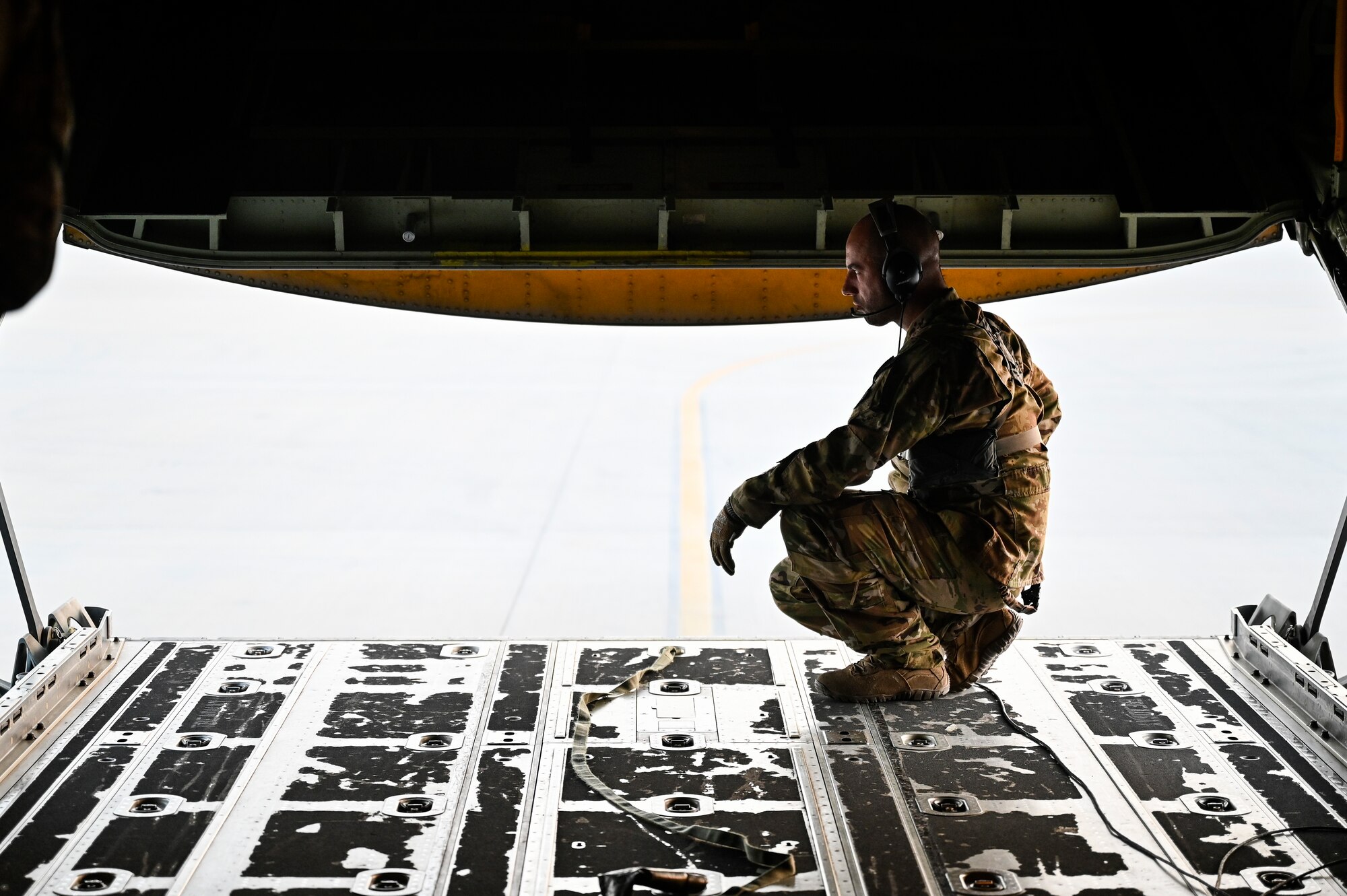 A U.S. Air Force HC-130J Combat King II loadmaster with the 79th Expeditionary Rescue Squadron, deployed to Al Udeid Air Base, Qatar, runs through preflight checklists before a personnel recovery training mission at Al Udeid AB, Feb. 6, 2020.