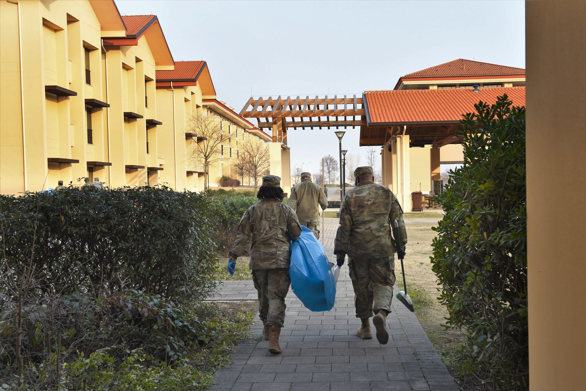 Senior noncommissioned officers participate in a dormitory give-back event at Aviano Air Base, Italy, February 11, 2020. During the event, the senior NCOs were able to provide a fresh set of eyes throughout the dorm campus and assisted with cleaning debris from the common areas in an effort to remember their roots.