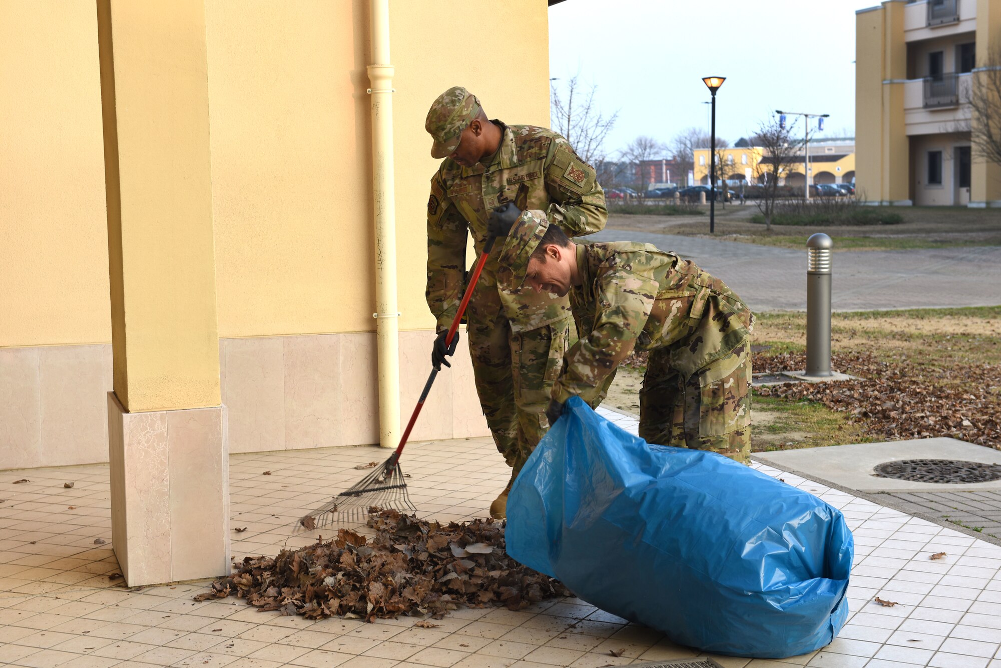 Senior noncommissioned officers participate in a dormitory give-back event at Aviano Air Base, Italy, February 11, 2020. During the event, the senior NCOs were able to provide a fresh set of eyes throughout the dorm campus and assisted with cleaning debris from the common areas in an effort to remember their roots.