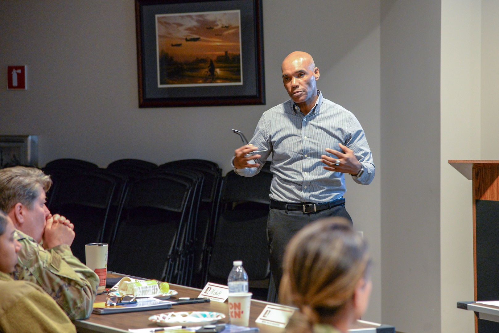 Erick Clark, mental health first aid instructor and certified peer recovery practitioner with the Mental Health Association of Union County, N.J., teaches a mental health first aid training course for members of the 177th Fighter Wing Feb. 12, 2020, at the Atlantic City Air National Guard Base. The two-day class addressed some of the unique aspects of military culture and gave unit members the tools to help fellow Airmen facing mental health issues.